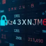 Digital alphanumeric code kz43x9nnjm65 displayed on computer screen with binary background representing modern encryption and identifier systems