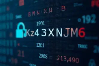Digital alphanumeric code kz43x9nnjm65 displayed on computer screen with binary background representing modern encryption and identifier systems