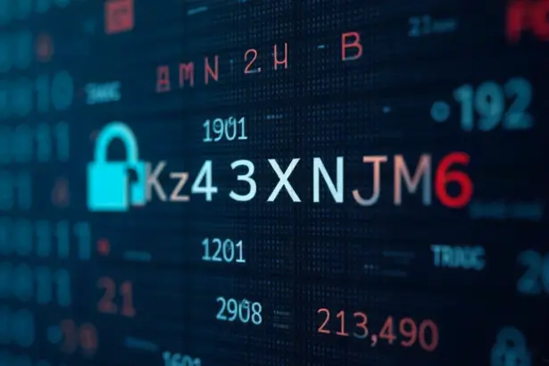 Digital alphanumeric code kz43x9nnjm65 displayed on computer screen with binary background representing modern encryption and identifier systems