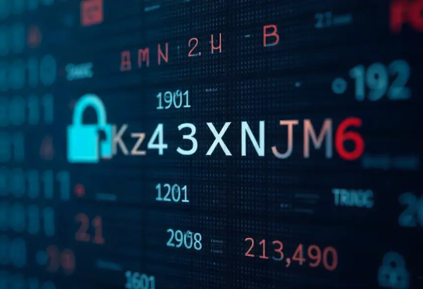 Digital alphanumeric code kz43x9nnjm65 displayed on computer screen with binary background representing modern encryption and identifier systems